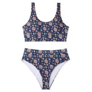 Womens 2 Piece Swimsuit Size Small Blue Ditsy Floral Round Neck High-Cut Cheeky